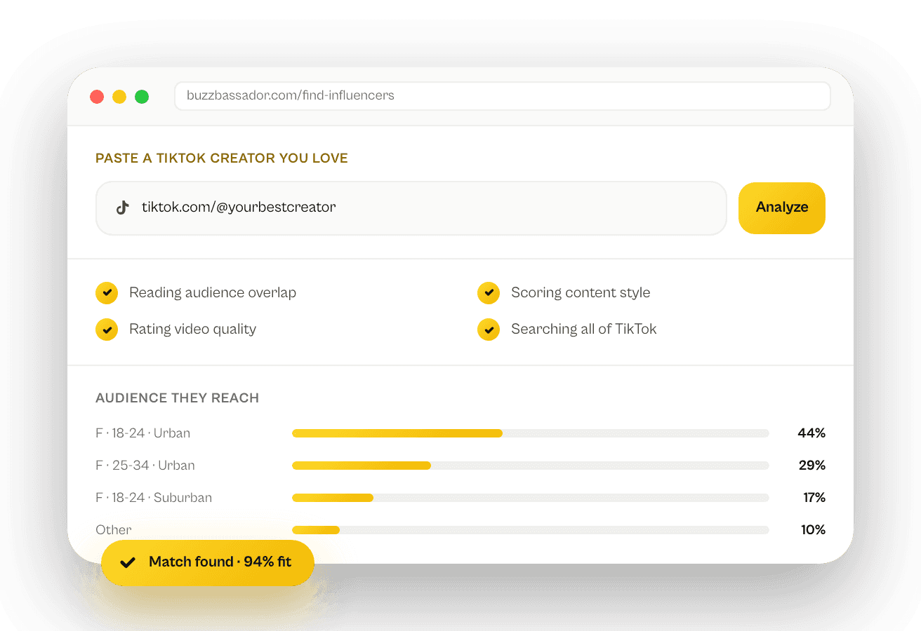 AI creator discovery analyzing a TikTok creator's audience overlap, content style, and video quality