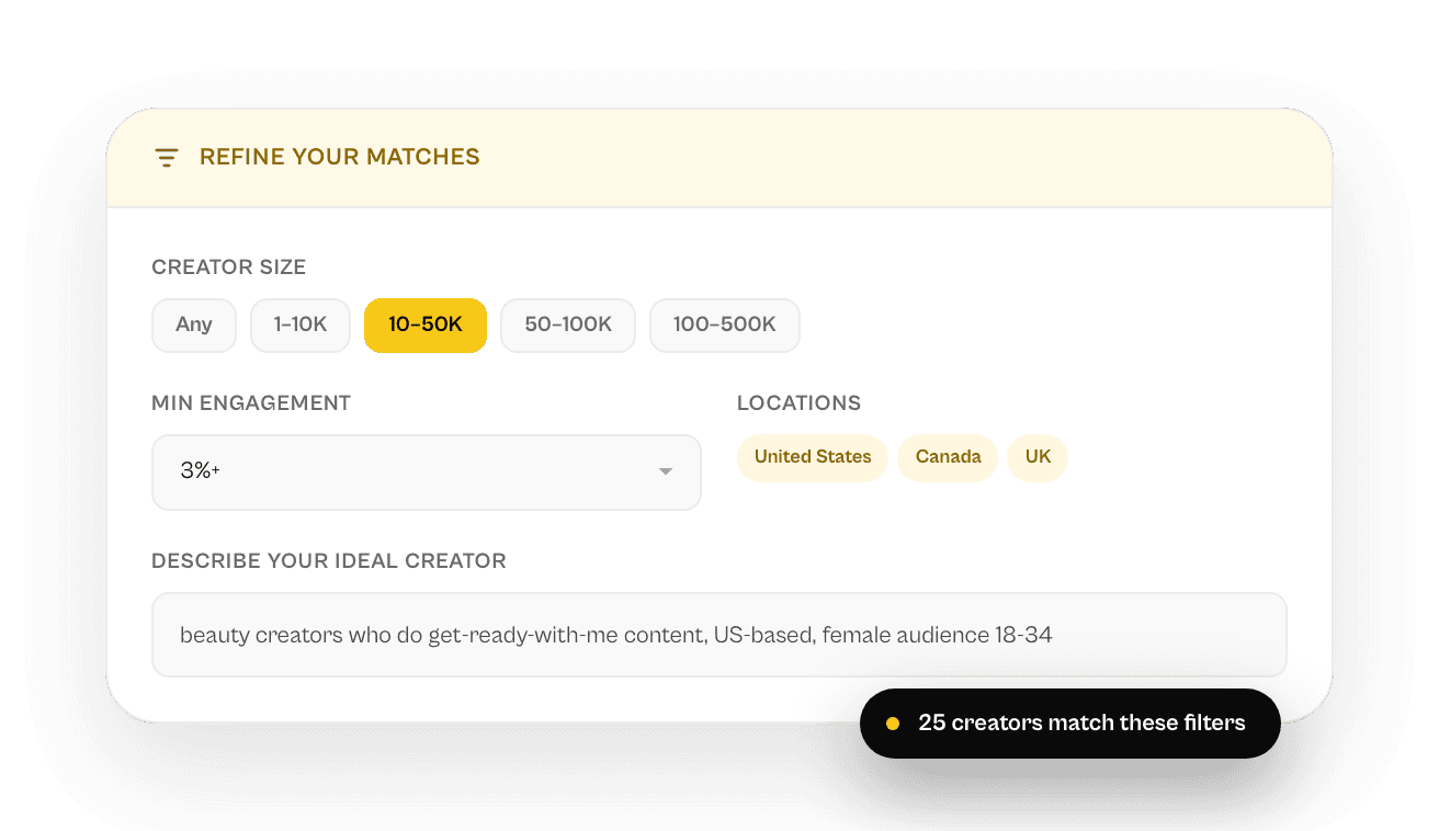 Search TikTok creators by niche, follower size, engagement rate, and location