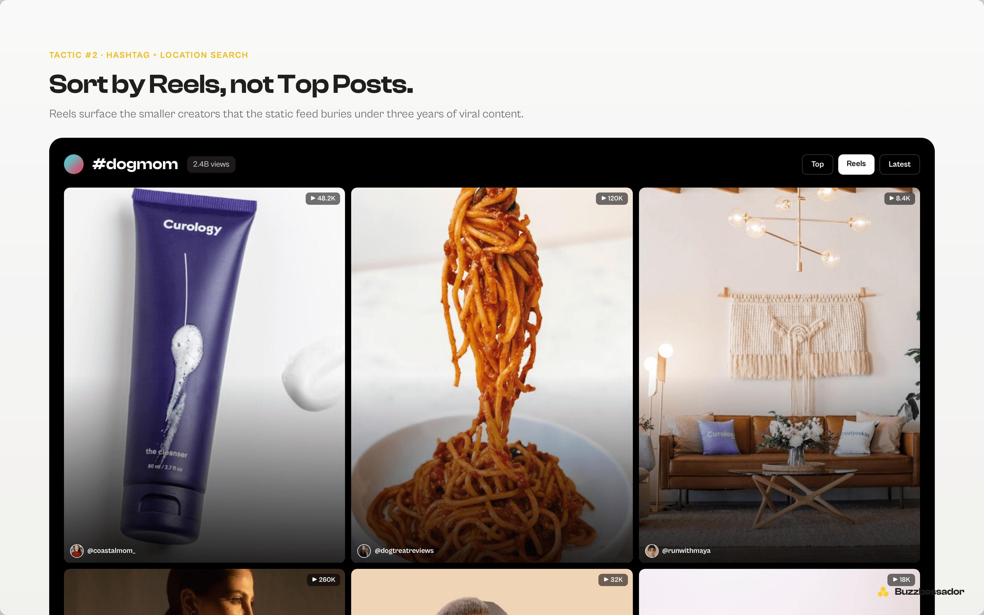 Stylized TikTok hashtag search results page showing creator usernames and view counts