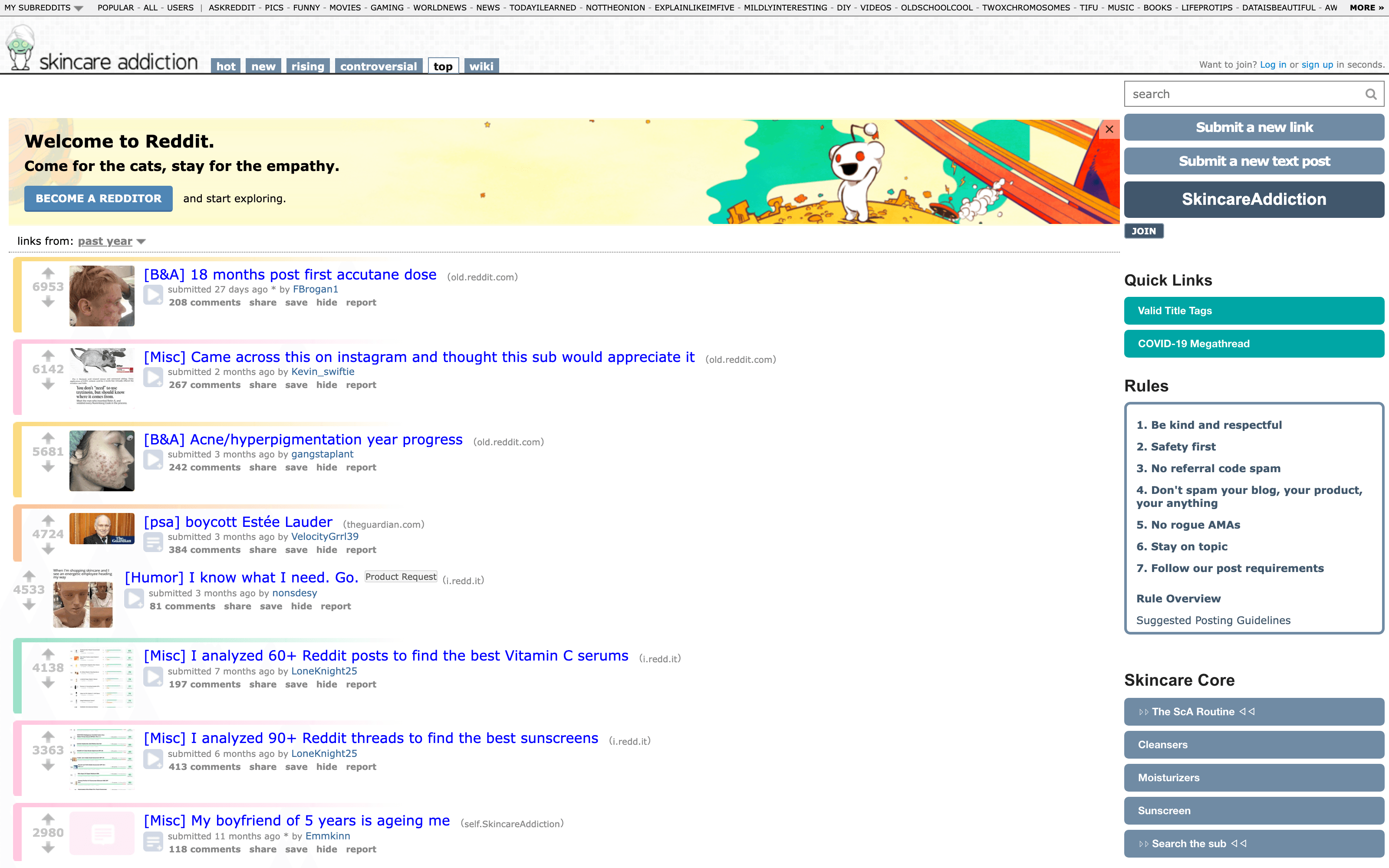 Real screenshot of r/SkincareAddiction top posts of the year