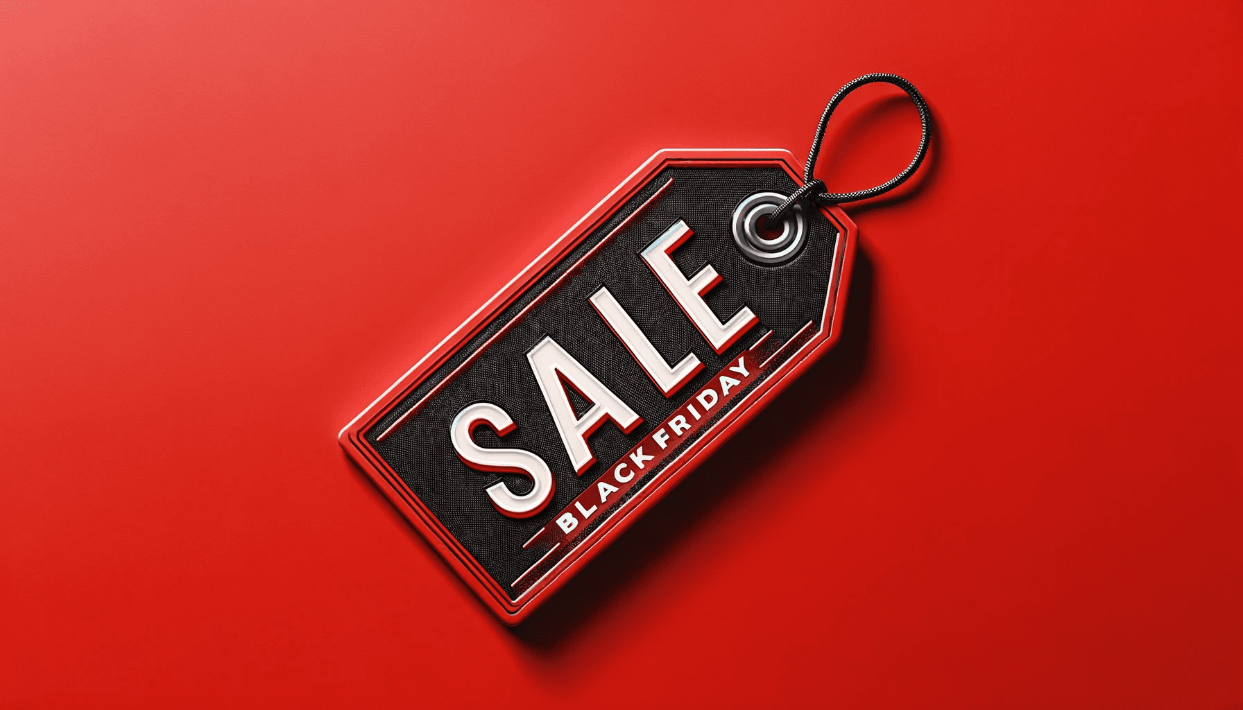 The words “SALE BLACK FRIDAY” are written on a clothing tag against a red background.