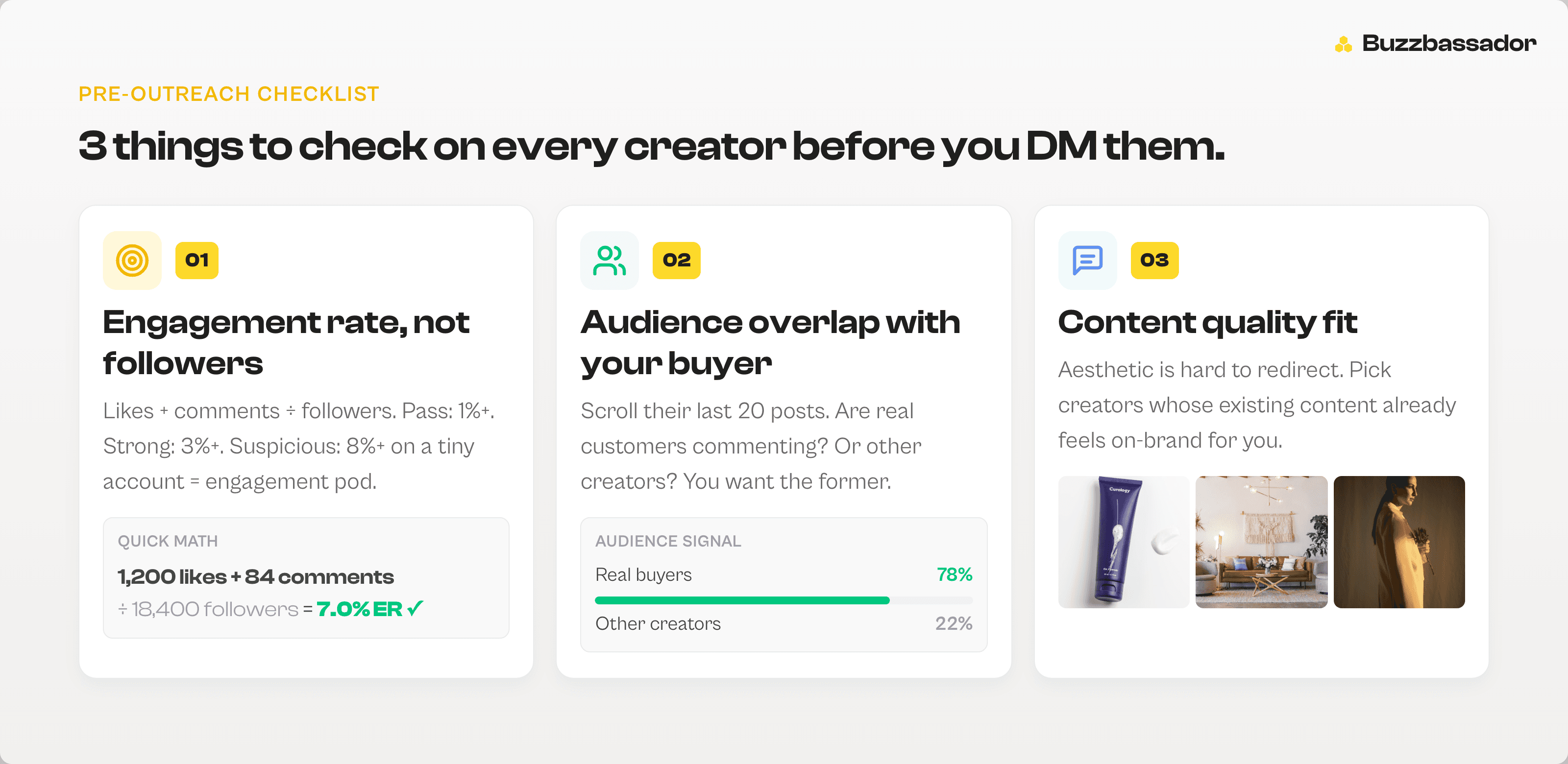 Checklist card: engagement rate not followers, audience overlap with your buyer, content quality fit
