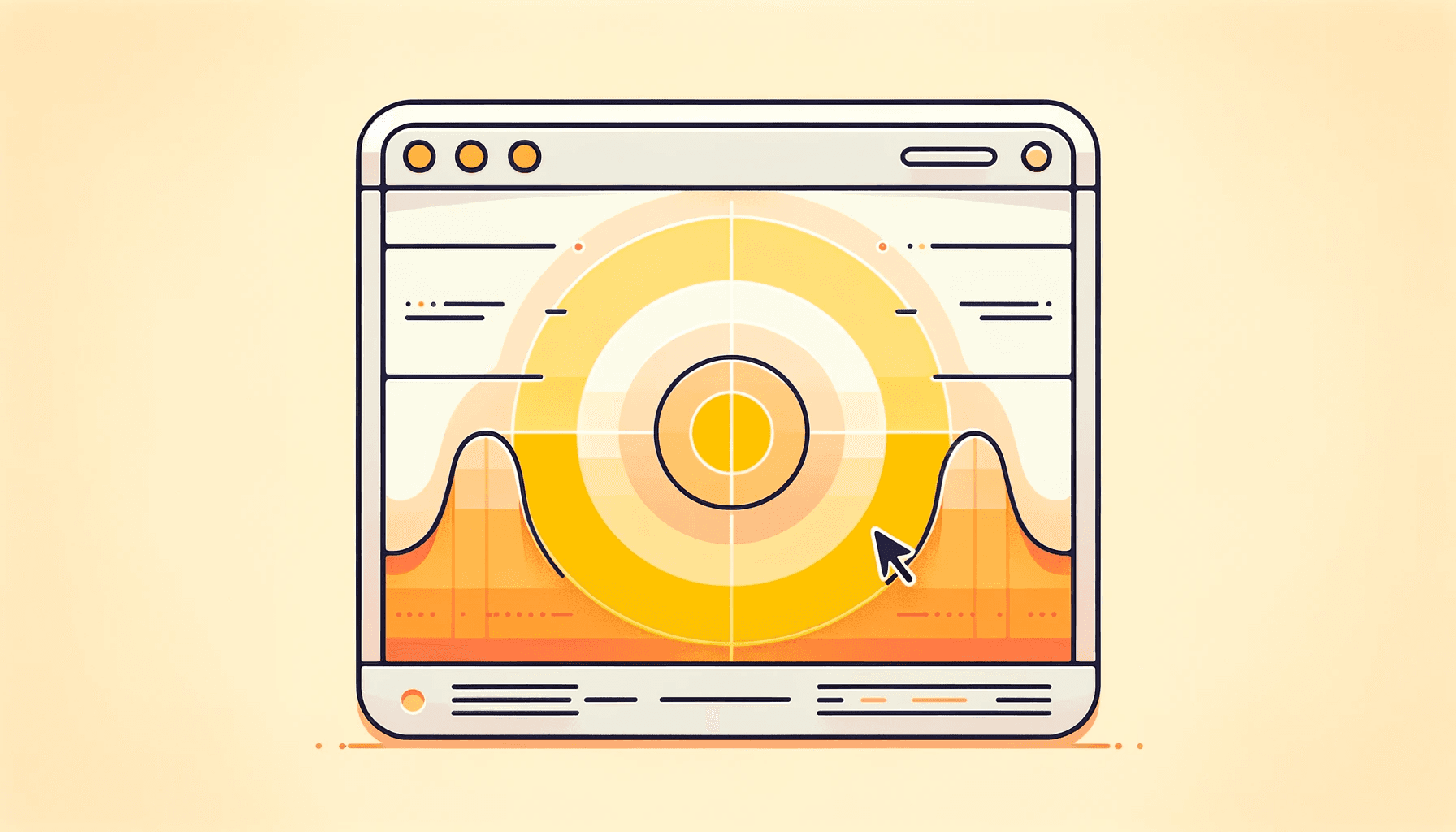 A minimalistic web browser interface with a central heatmap gradient from yellow to peach and a cursor icon pointing at it.