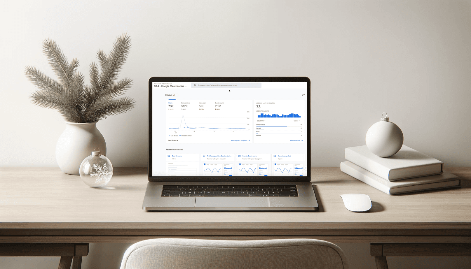 An open laptop displays a Google Analytics 4 dashboard, highlighting a business’ sales trends. The laptop is on a wooden desk with Christmas ornaments, books, and a small vase of winter pine branches.