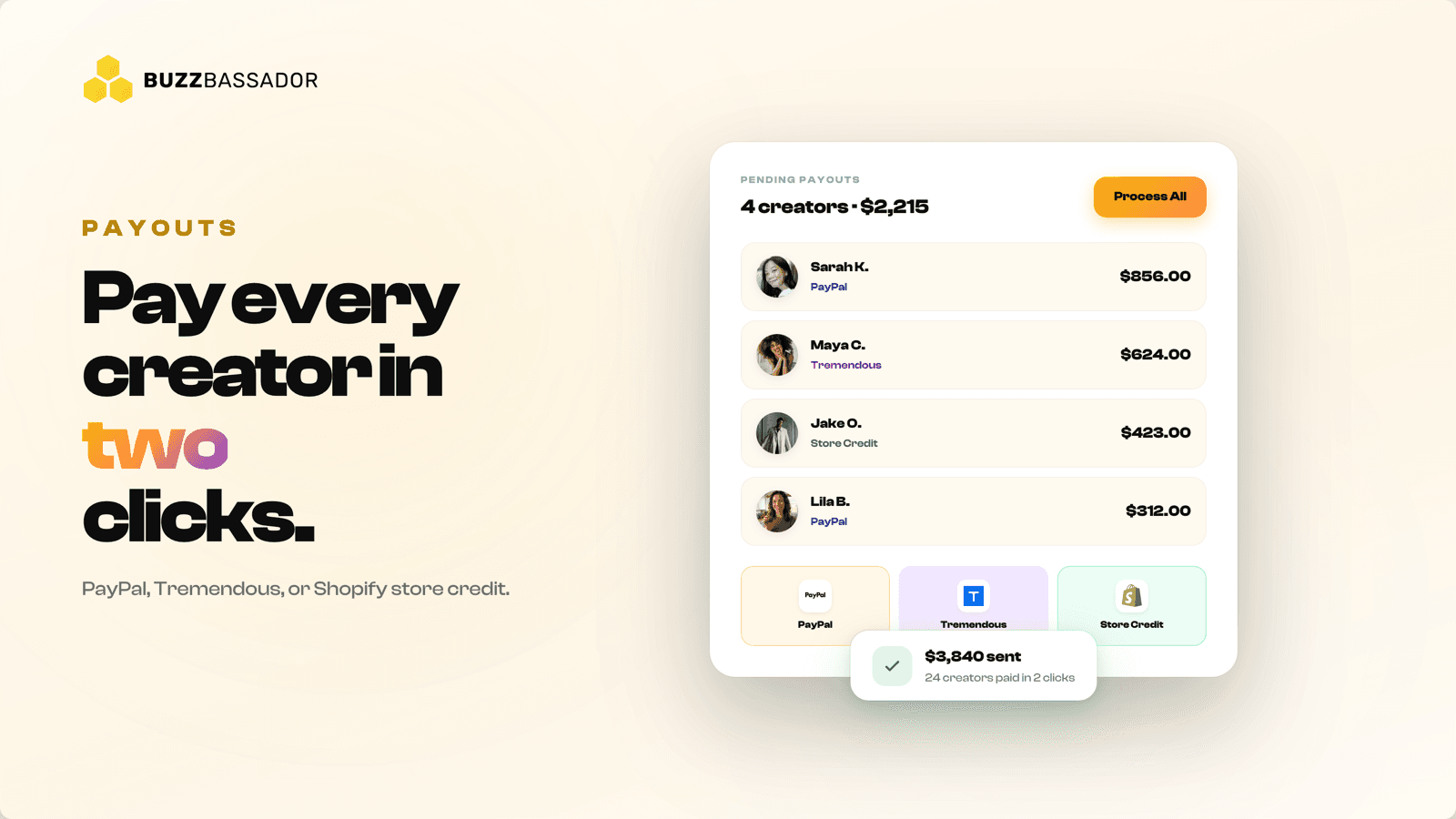 Bulk creator payouts via PayPal, Tremendous, or Shopify store credit inside Buzzbassador