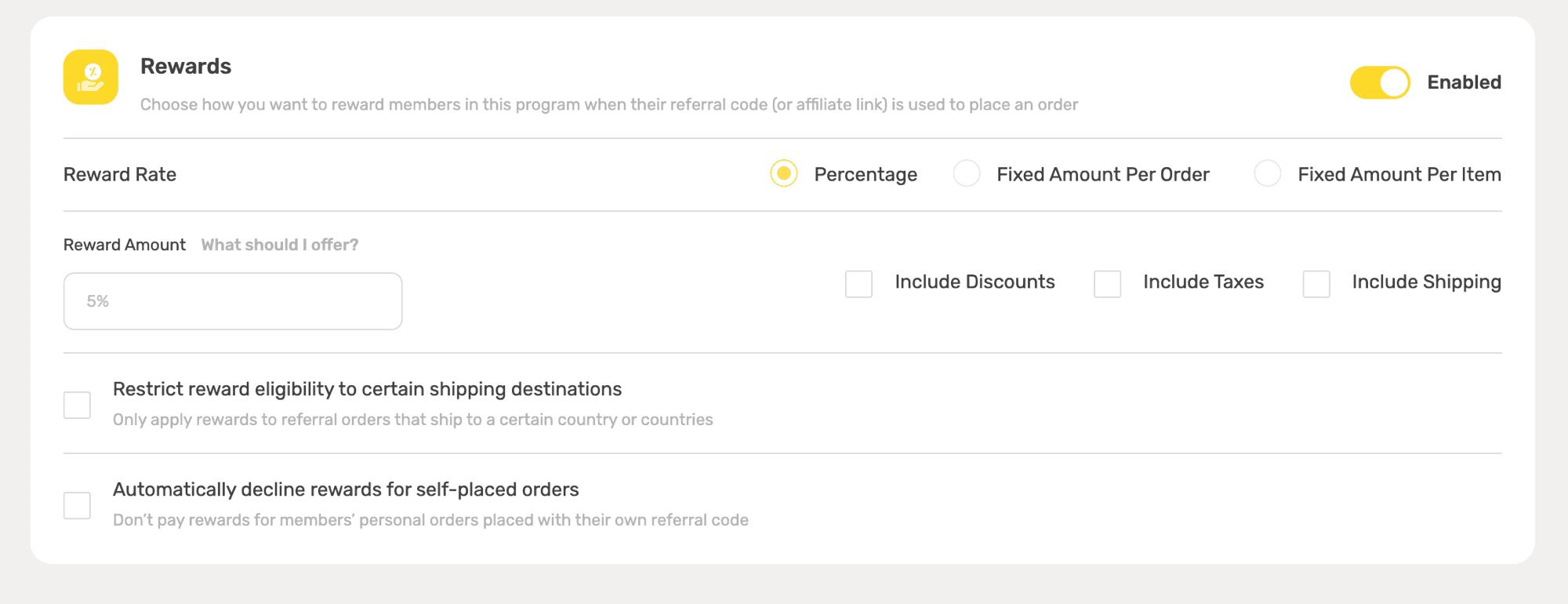 The Buzzbassador Rewards setup screen: reward type set to Percentage, Fixed Amount Per Order, or Fixed Amount Per Item, the reward amount, and the include discounts, taxes, and shipping toggles