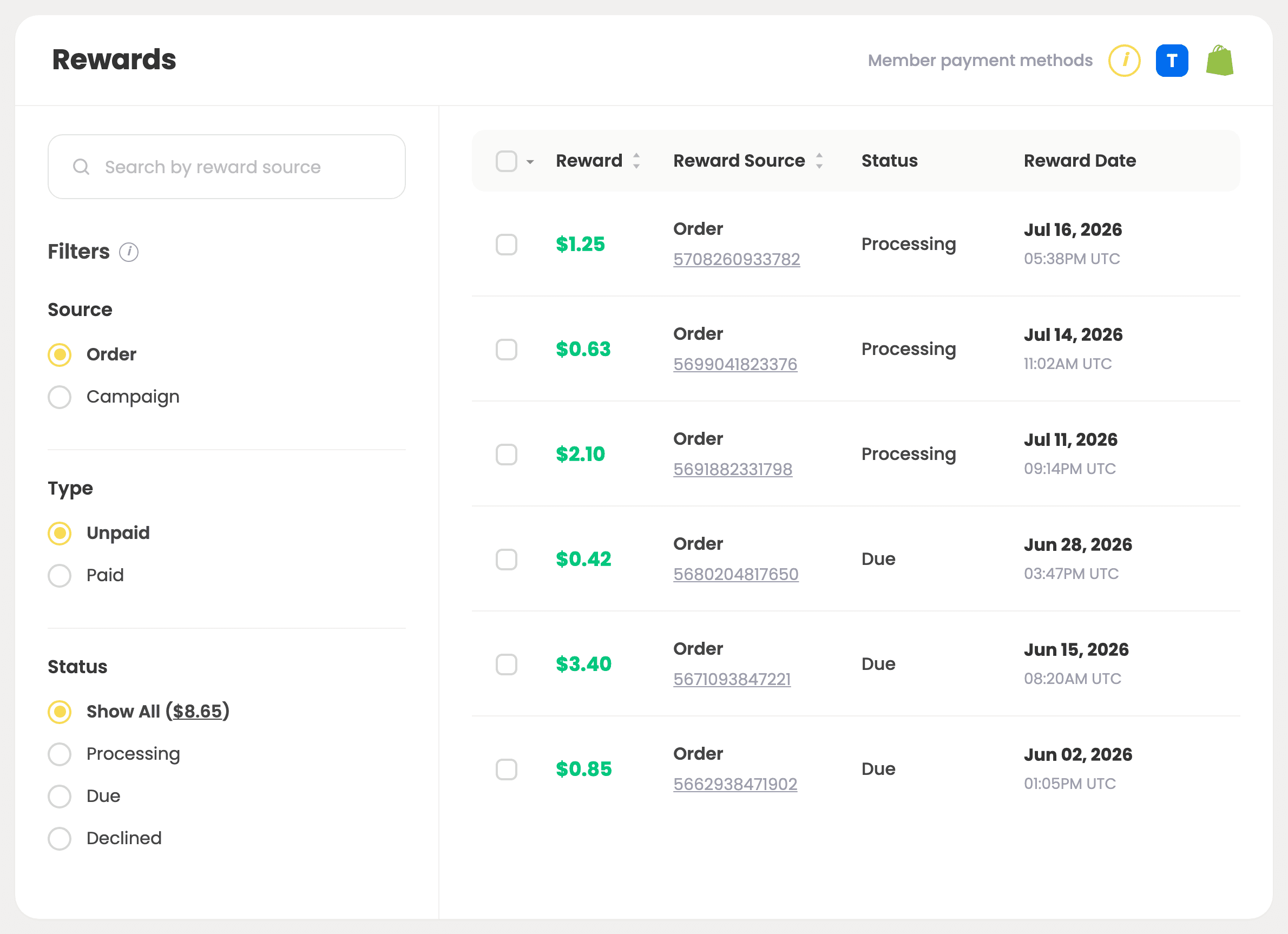 A creator's reward balance in Buzzbassador: recent order rewards held in Processing during the hold window, older ones matured to Due and ready to pay