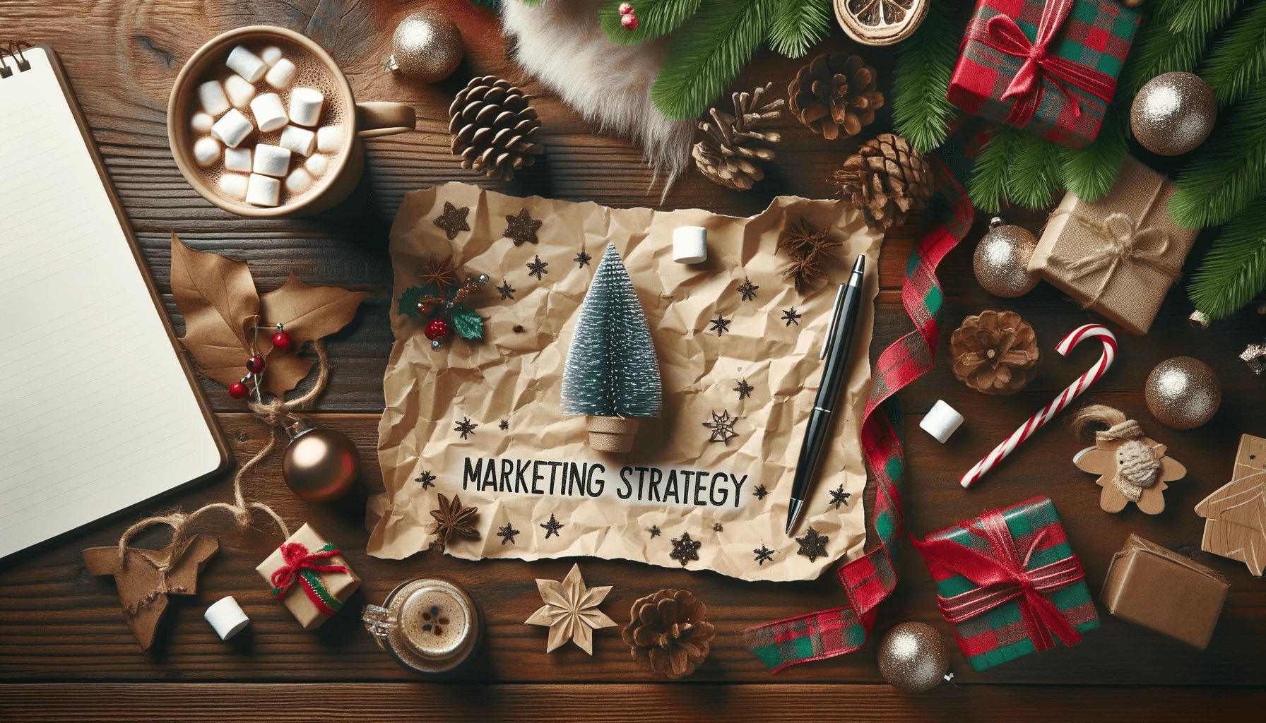 The word “marketing strategy” is written on a piece of gift wrap paper weighted down by a mini Christmas tree on a wooden table alongside varying holiday-themed items like gifts, hot chocolate, peppermint sticks, and pinecones.