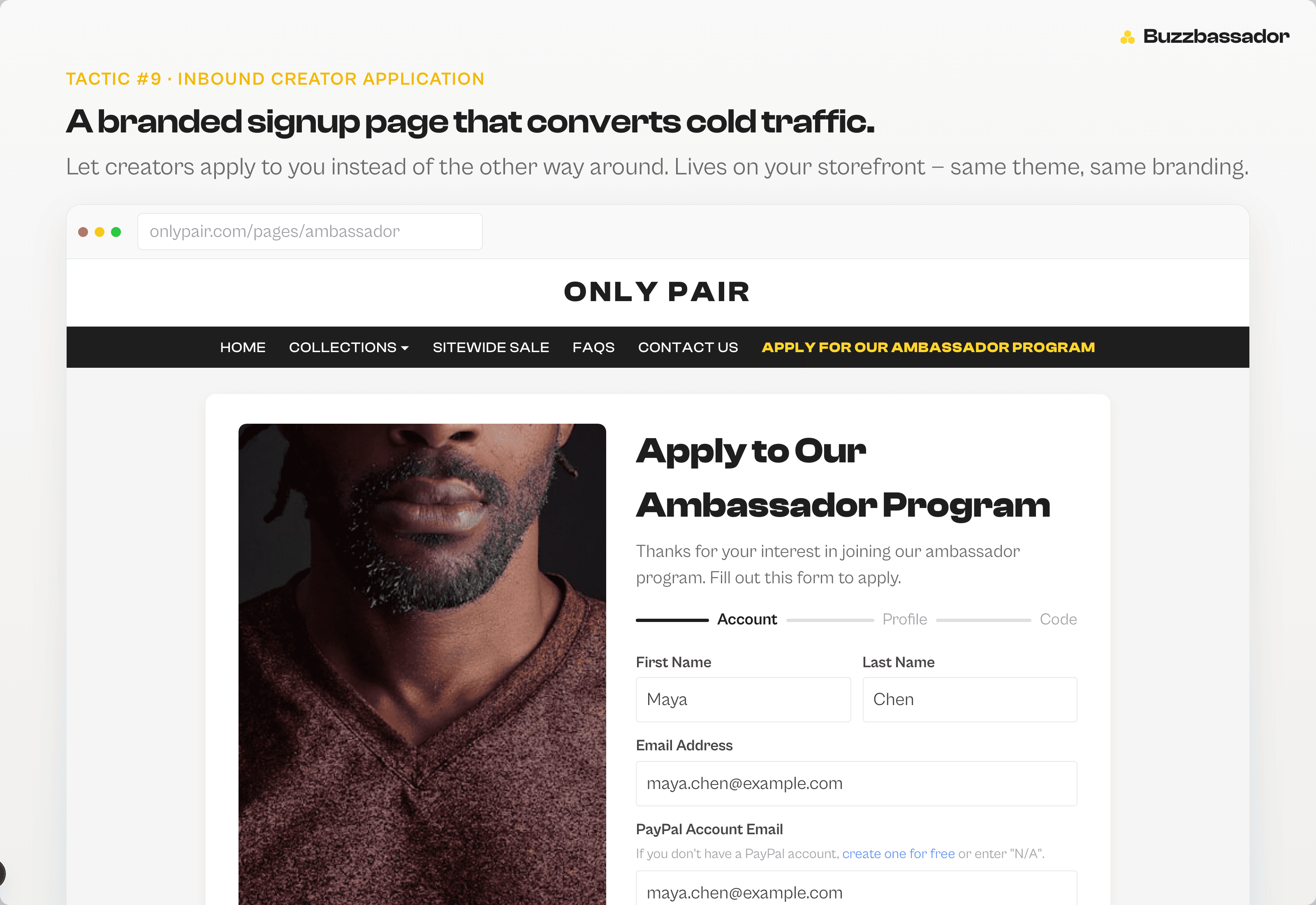 Buzzbassador-powered ambassador signup page customizer with brand colors, logo, and inline preview