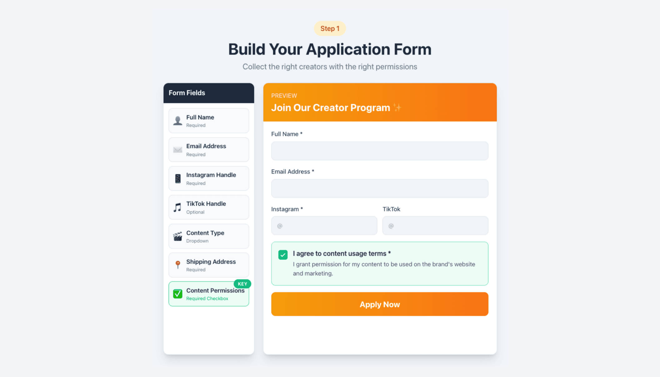 Creator program application form builder with content permissions checkbox for UGC collection