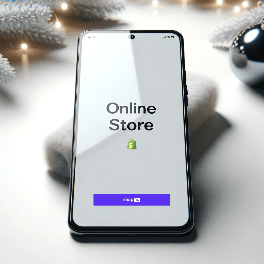A phone lays on a white table displaying an online store powered by Shopify and Shop Pay. The phone is surrounded by Christmas ornaments and winter pine branches.