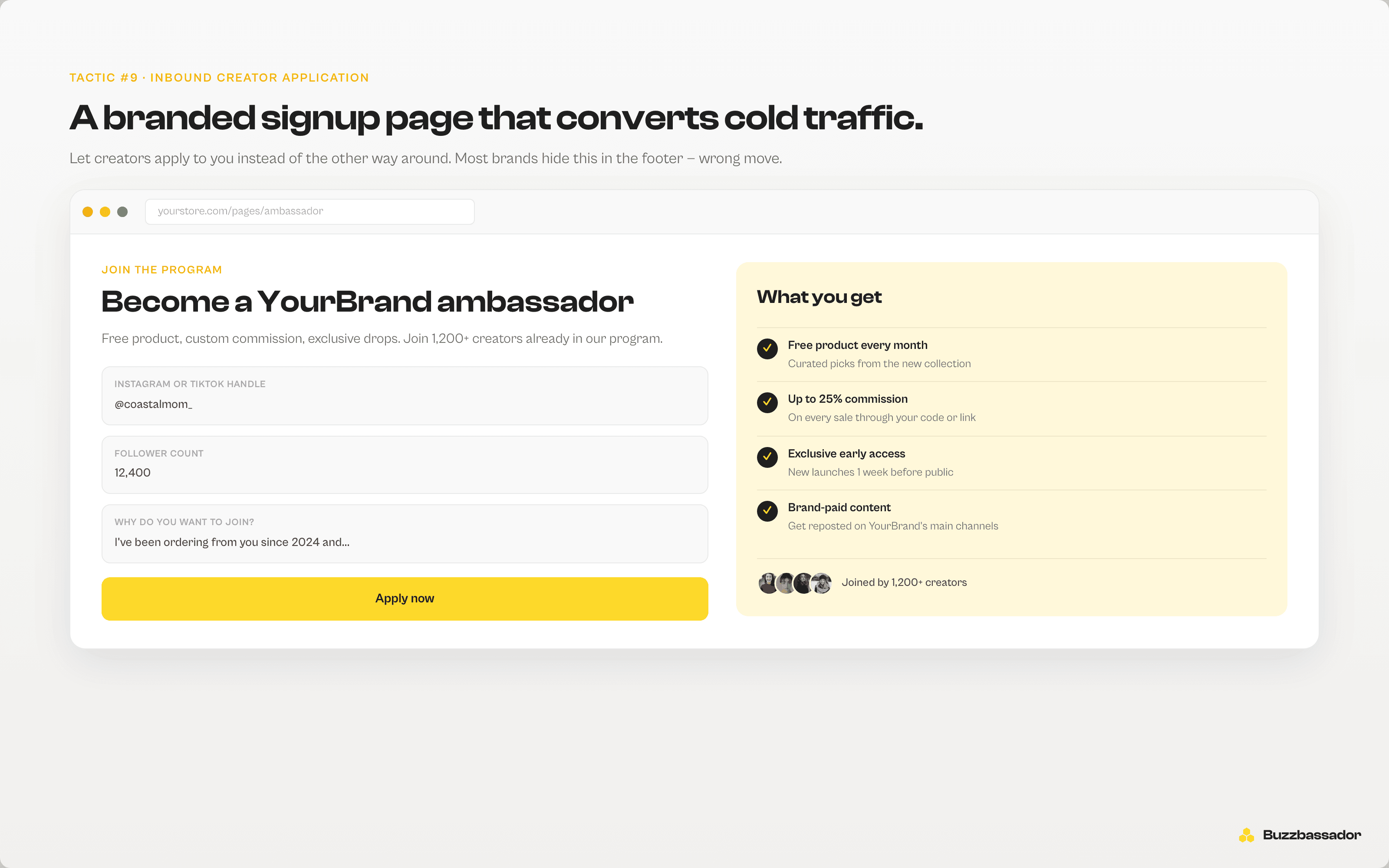Buzzbassador-powered ambassador signup page customizer with brand colors, logo, and inline preview