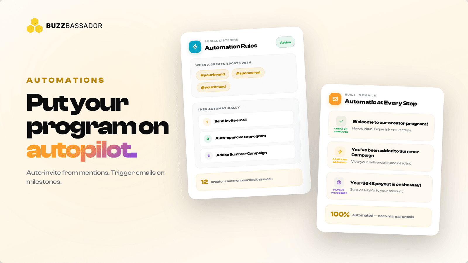 Automations that invite creators from mentions and send emails at every step