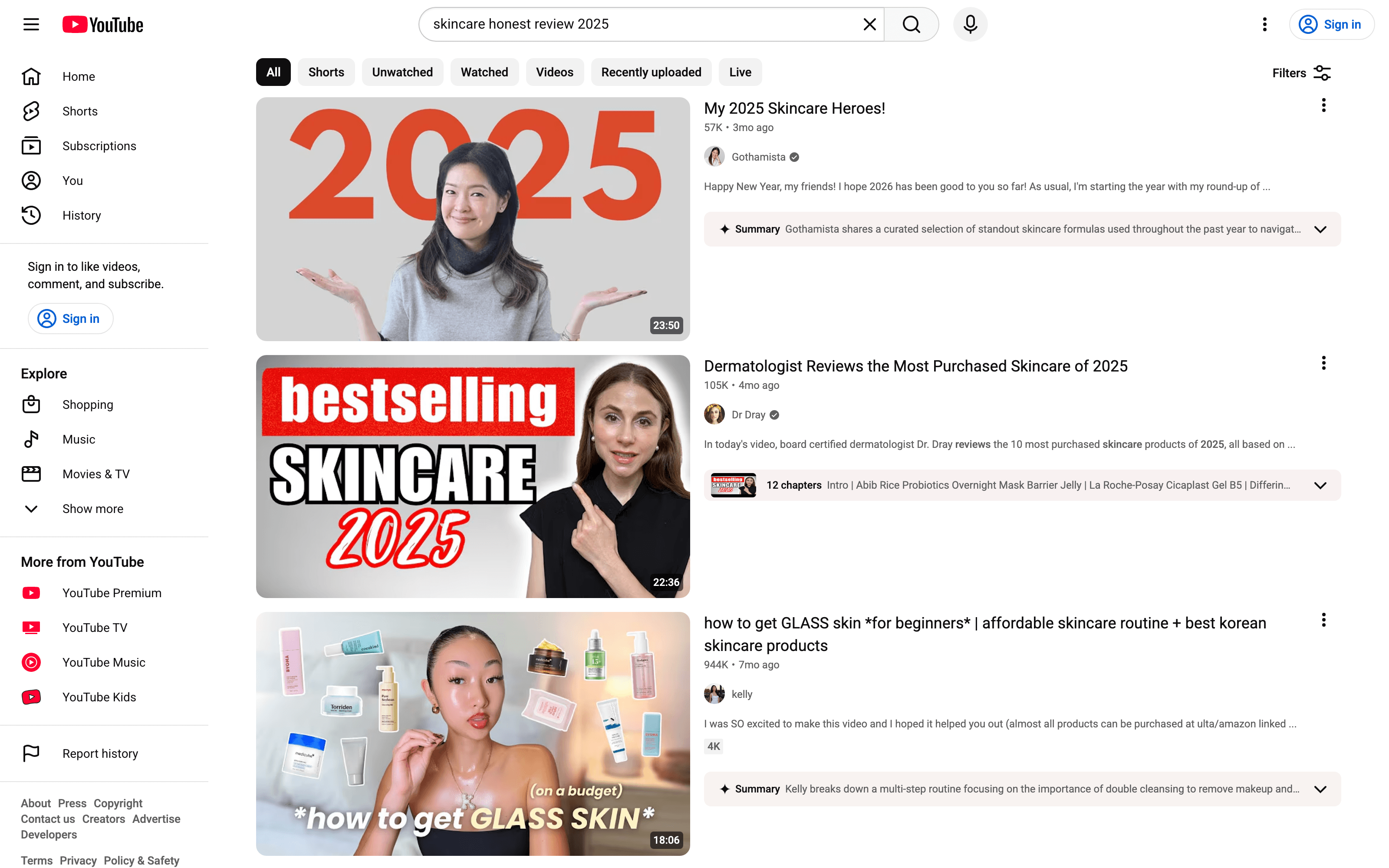 Real screenshot of YouTube search results for skincare reviews