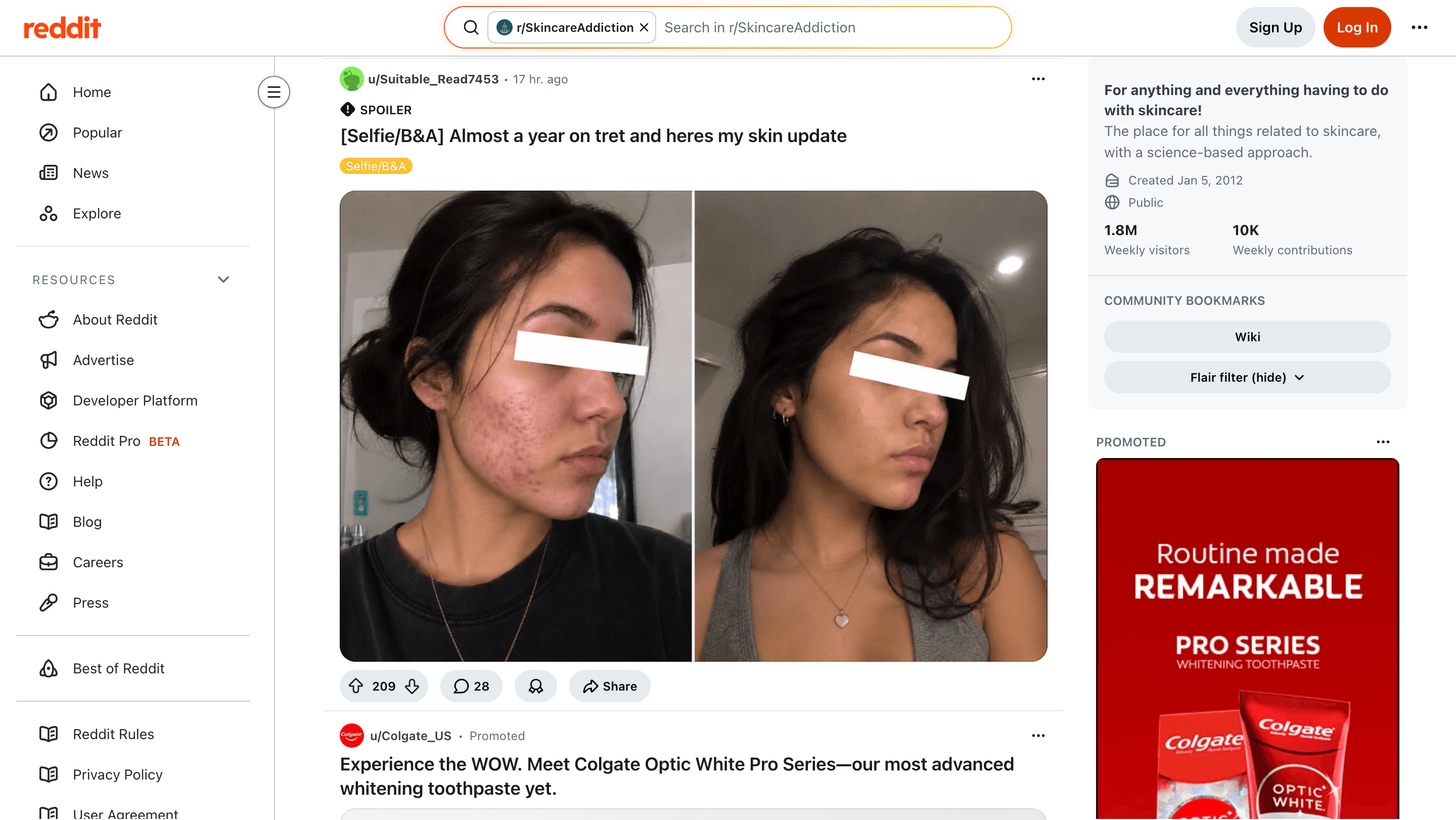 Real screenshot of r/SkincareAddiction top posts of the year