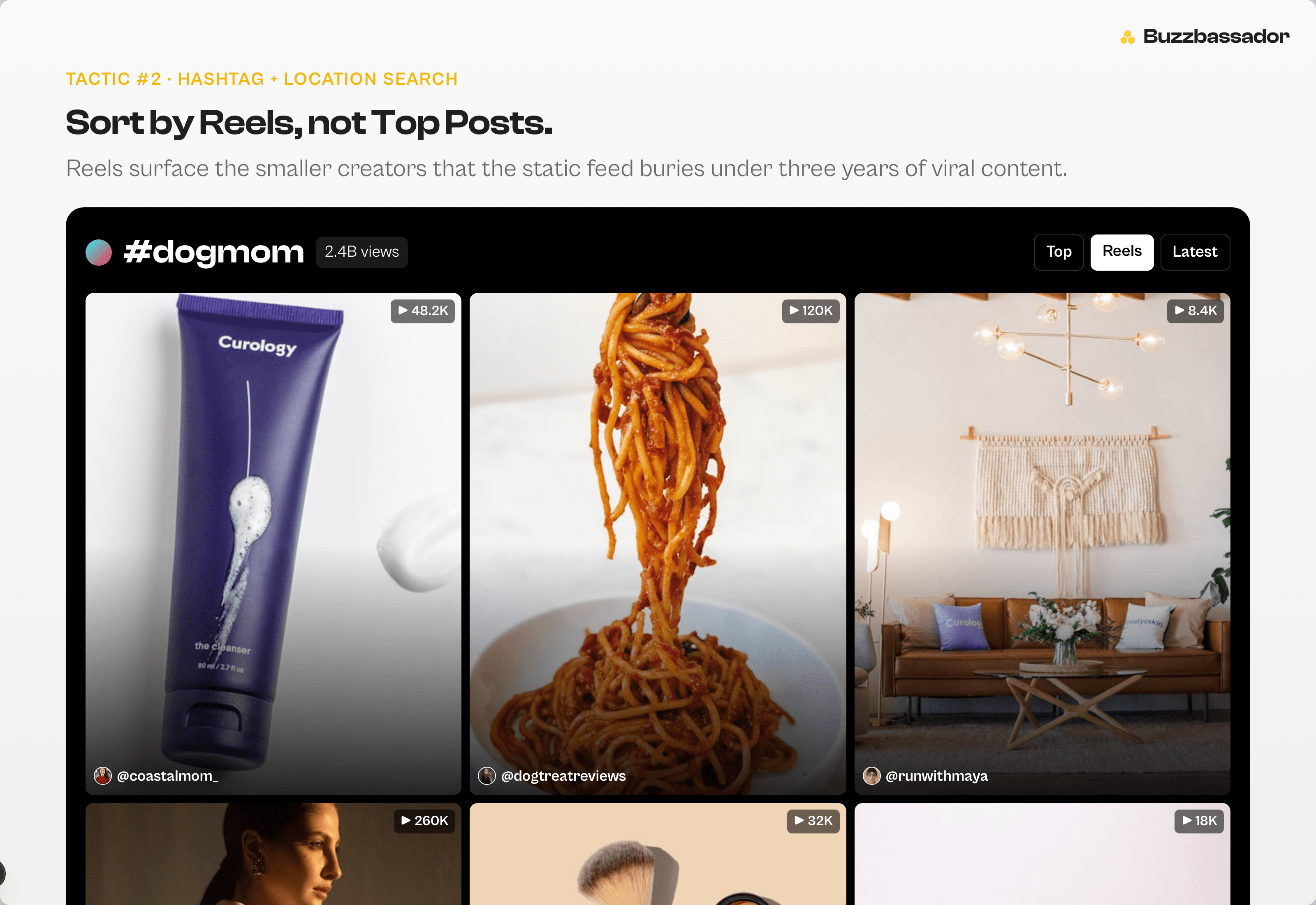 Stylized TikTok hashtag search results page showing creator usernames and view counts
