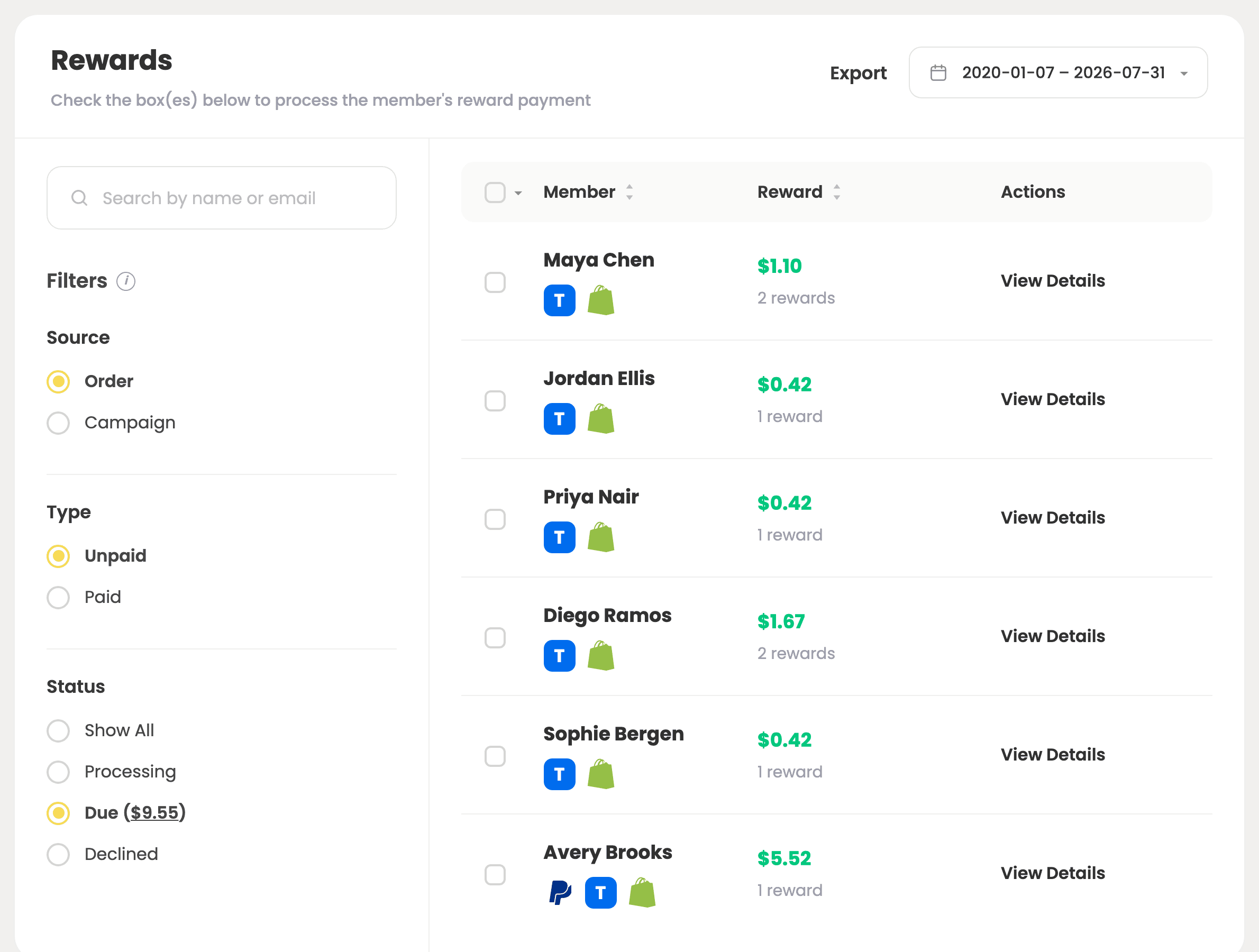 The Buzzbassador Rewards page filtered to Due, with members selected and ready to pay the whole batch in one action